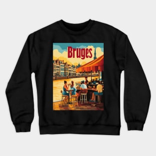 Visitors savor delicious food while seated at a charming riverside cafe in Bruges. The picturesque architecture and serene water create a Crewneck Sweatshirt
